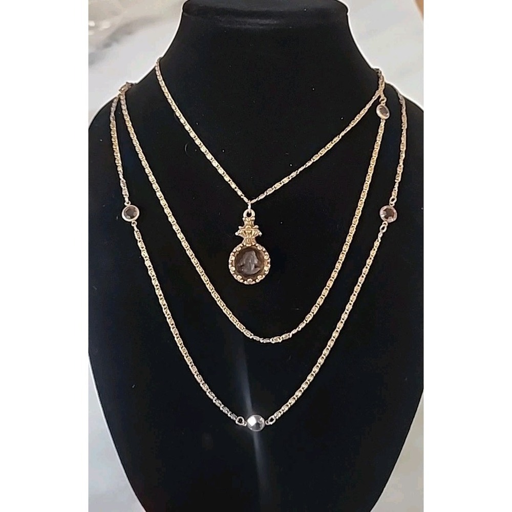Vtg GOLDETTE Gold 3 Strand‎ Chain Topaz Crystal Glass Intaglio Cameo Necklace
